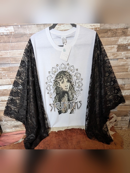 Hand Crafted Tops - New Handcrafted Stevie Nicks Graphic W Black Lace Boho Bat Winged Sleeves